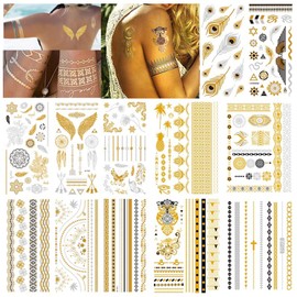 12 Sheets Flash Tattoos Gold, Metallic Festival Temporary Tattoo, Gold Silver Tattoo Stickers Women, Suitable for Body Art, Festive Tattoos on Arms, Chest, Hind Legs