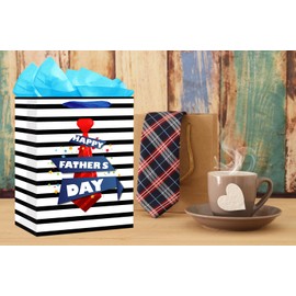 WaaHome Happy Fathers Day Gift Bag with Tissue Paper and Handle 11.5''x9''x5'' Medium Father Day Gift Bags for Dad Daddy Grandpa Papa from Daughter Son Kids