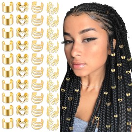 NAISKA 40PCS Gold Hair Jewelry for Braids Adjustable Hair Cuffs Rings Loc Dreadlock Metal Non-Piercing Ear Clips Braids Accessories Sets for Women Girls
