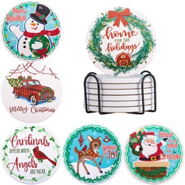 2023 Christmas Ornaments Coasters for Drinks, Absorbent Ceramic Stone Coasters Set of 6, Merry Christmas Drink Coasters with Holder for Xmas Decorations, Housewarming Room Bar Home Decor Holiday Party