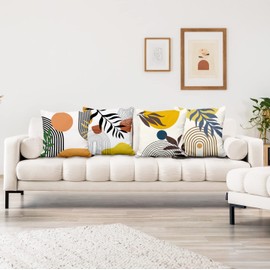 Aoihrraan 51 x 51 cm, Set of 4 Decorative Boho Cushion Covers, Abstract Sun, Moon, Rainbow, Nature, Landscape, Square Sofa Cushion, Decorative Cushion, Linen Home Decor for Living Room, Outdoor,