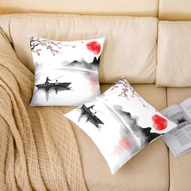 Japanese Ukiyoe Theme Throw Pillow Covers 20"x20" Set of 2 Pillow Cases Cushion Covers Soft Hokusai Pattern Pillow Cases Cushion Covers Japanese-Style Throw Pillowcases White Throw Cushion Case