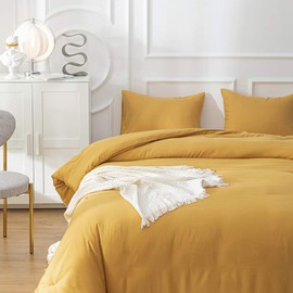 CLOTHKNOW Mustard Yellow Queen Comforter Set Yellow Bedding Comforter Sets Soft All Season Turmetric Comforter with 2 x Pillow Cases