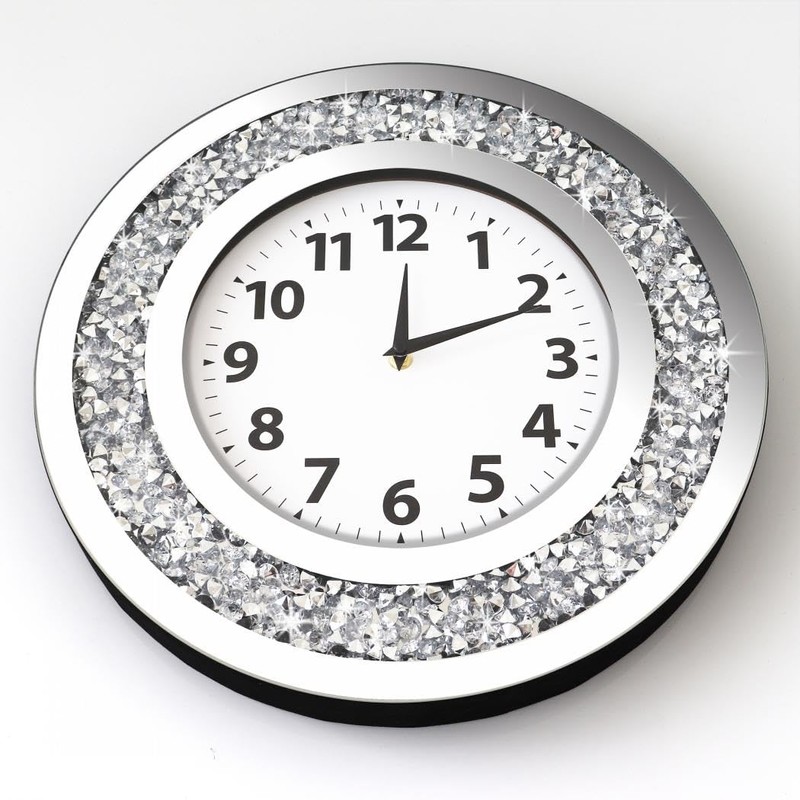 DMDFIRST Crystal Crushed Diamond Mirrored Round Wall Clock 16x16x2 inches