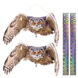 2PCS Fake Owl to Scare Pigeon Away from Balcony, Flat Garden Owl to Keep Woodpecker Away from House, Hanging Plastic Owls with Reflective Tape, Pigeon Scare Devices for Outdoor Roof Porch Patio