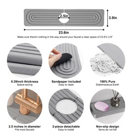 Faucet Mat for Kitchen Sink, 24'' Long Diatomite Fast Drying Stone Sink Tray, Super Absorbent Faucet Splash Guard for Kitchen Sink and Bathroom Counter