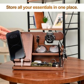 TESLYAR Wood Phone Docking Station for Men - Desk Accessories & Workspace Organizer - Nightstand Organizer - Birthday Gifts for Men or Dad - Idea for Anniversary - Key Holder - Stand Watch (Chestnut)