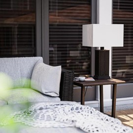 Ceybo 27.25 in. Outdoor/Indoor Table Lamp with Brown Rattan-Style Base and White Square Shade, Weatherproof Cord & Weighted Design – Ideal for Patio, Porch, or Living Room