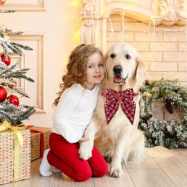 Malier Christmas Dog Collar with Bow tie, Classic Buffalo Plaid Dog Christmas Collars with Durable Buckle Holiday Dog Collar for Small Medium Large Dogs Puppy (Snowflake Red & Black Plaid, Medium)