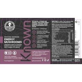 Known Known Tasty Energy Mushrooms Gummies - B Vitamins & Cordyceps - Energy & Fatigue - Natural Mixed Berry Flavour - 60 Vegan Gummies, 3 Month Supply