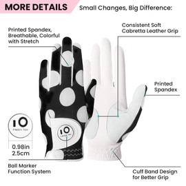 FINGER TEN Golf Gloves Women Left Right Hand Leather with Ball Marker Value Pack, Colored Glove for Ladies Right Left Handed Golfer All Weather Grip (Full-Mod Dot, Large, Left)