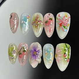 Uñas Postizas 3D Almendradas Medianas – 30 Piezas con Flores, Perlas y Lazos, Diseño de Fresa Rosa, Uñas Acrílicas Falsas para Mujeres, Incluye Lima y Pegatinas Adhesivas