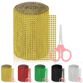 Glarks 3pcs Golden Rhinestone Ribbon Set, 120mm X 4.5 Yards 24 Rows Plastic Rhinestone Mesh Fabric with 2pcs Tools, Bling Rhinestone Ribbon, Sparkling Bling Wrap Ribbon for Arts Crafts