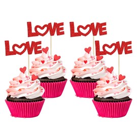 24 piezas de decoración para cupcakes del día de San Valentín con purpurina rosa lazo dulce amor para magdalenas tema del día de San Valentín boda compromiso despedida de soltera fiesta de cumpleaños suministros de decoración de pasteles rojo