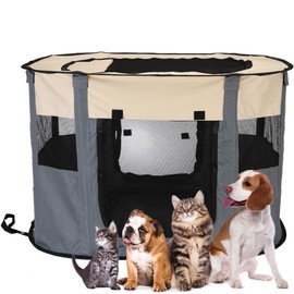 Sea Team Foldable Pet Playpen, Sturdy Odor-Free Portable Dog Cat Cage, Indoor Outdoor Puppy Playpen with Mesh Panels,GREY L