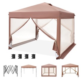MFSTUDIO 10'x10' Pop Up Canopy Tent with Netting, Portable Instant Folding Canopy, Outdoor Canopy Screen Event Tent with 4 Zippered Mesh Netting for Garden, Brown