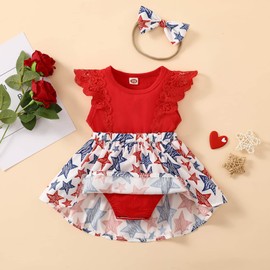 Guodeunh Infant Baby Girl Independence Day Outfit 4th of July Dress Ruffle Lace Romper Sleeveless Top Star Stripe Skirt+Headband (Red, 3-6 Months)