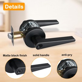 HISAFE Matte Black Keyed Entry Door Levers with Lock, Heavy Duty Lever Door Handle for Entrance/Office, Left&Right Handed, Different Keys 1Pack