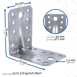 LLB Angle Corner Brackets for Wood 70 x 70 x 55 x 1,5mm Pack of 10 - Galvanised Heavy Duty Steel L Braces with Maximum Load Capacity of 265kg and Zinc Coated Metal Joist Sheet