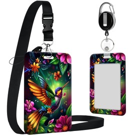 ID Badge Holder with Lanyard,Retractable ID Badge Card Holders with Detachable Lanyard & Badge Reels,Plastic Card Holder for Teacher Nurse Students Office Worker-Rainbow Hummingbird