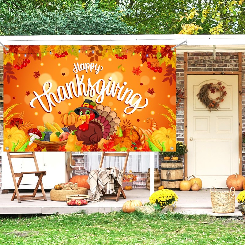 Happy Thanksgiving Banner Extra Large 72x44 Inch, Thanksgiving Backdrop for