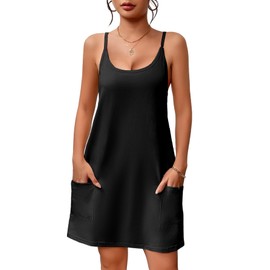Ekouaer Nightgowns for Women Cotton Sleepwear Adjustable Spaghetti Strap Sleepshirt Racerback Sleep Dress with Pockets Black L