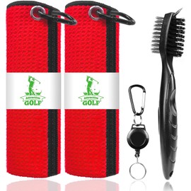 ATTRACTIVE Golf Towels, Microfiber Waffle Pattern Towels - Golf Club Brush with Cleaning (2 Red Towel+Black Brush)