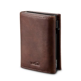 Vastaia Men's Leather Small Wallet with Coin Compartment, Men's and Women's Slim Wallet with RFID Protection, Slim Wallet with Coin Compartment, Dunkelbraun, M, Minimalist