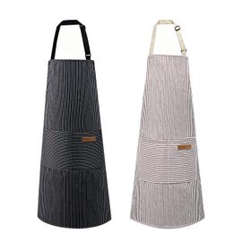 2 Pack Apron, Cotton Cooking Kitchen Aprons, Adjustable Bib Apron with 2 Pockets for Men Women Chef Aprons,(Black/Brown Stripes), Black, One Size