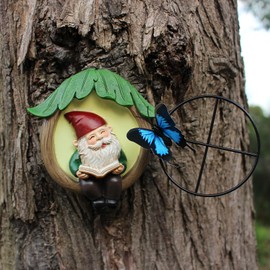 KOCNYDEY Resin Garden Gnome Statue Outdoor, Luminous Fairy Garden Gnome Reading Book Figurine and Butterfly Decoration 4.73in Luminous Elf Peeker Yard Art Sculpture Home Decor for Patio Yard Mother