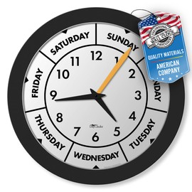 DayClocks Time & Day of The Week Wall Clock with 12” Modern Black Frame – – Ideal Retirement Gift for Men and Women, Day Clock for Seniors and Retirees