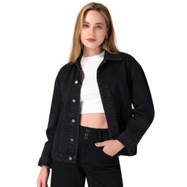 roswear Women’s Denim Jackets Oversized Button Long Sleeve Washed Jean Trucker Jacket with Pockets Black X-Large