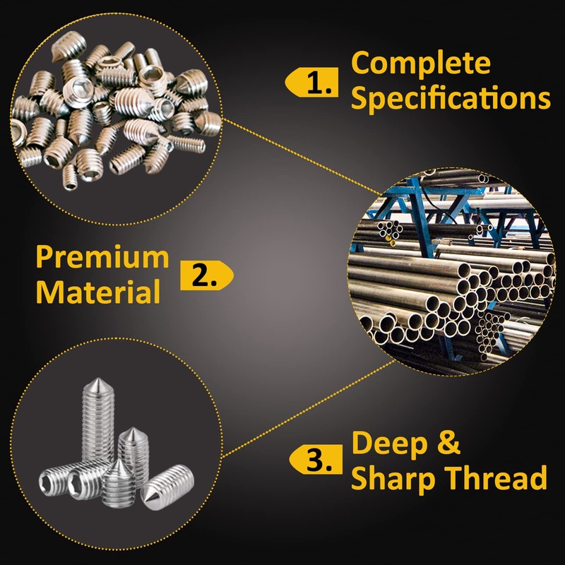 FIXXELY Cone Point Set Screws 48 Pcs (M3,M4,M5,M6) Hex Head