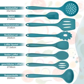 Herogo Küchenhelfer Set, 8-teiliges Silikon Kochbesteck Set, Antihaft Hitzebeständig Küchenutensilien Kochgeschirr Set mit Silikonspatel/Löffel/Wender/Schöpfkelle - Blau