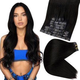 Full Shine Extensiones de Cabello Negro con Trama PU Invisible Clip Seamless 12 Pulgadas 95g 8 Piezas