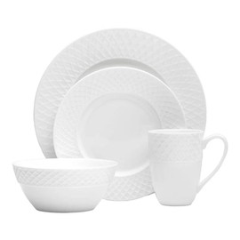 Mikasa Trellis Bone China 16-Piece Dinnerware Set, Service for 4, White Lightweight Porcelain with Textured Design, Chip-Resistant and Dishwasher Safe