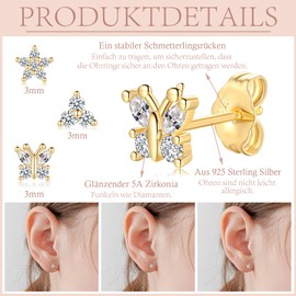 HUABOLA CALYN 3 Pairs Sterling Silver 925 Stud Earrings for Women, 3 mm Flowers Butterfly Helix Piercings Earrings Set, Hypoallergenic Small Cartilage Stud with Zirconia, Sterling Silver, Cubic