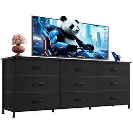 WLIVE 63''W Dresser for Bedroom, Black Dresser TV Stand for 65, 70, 75 inch TV, Wide Chest of Drawers with 9 Drawer, Large Entertainment Center, Fabric Dressers with Wood Top for Closet, Living Room