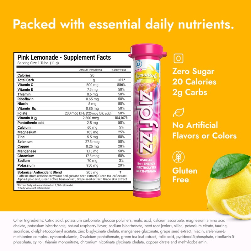 Zipfizz Daily Energy Drink Powder, Pink Lemonade, 20 Pack |