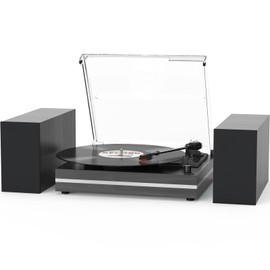 Vinyl Record Player with External Speakers Belt-Drive Turntable for Vinyl Records Dual Stereo Speakers Vintage LP Players Support 3 Speed Wireless Playback AUX Headphone Input Auto Stop Wood Black