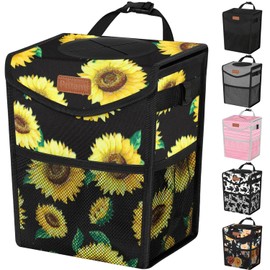 Pritent Car Trash Can with Lid, Cute Leakproof Car Trash Garbage Bag Hanging Vehicle Trash Bin Small Portable Automotive Garbage Cans Organizer for Back/Front Seat/Console(2.8 Gallons,Sunflower)