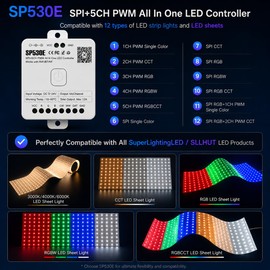 SuperLightingLED SP530E WiFi Bluetooth LED Controller, PWM SPI Compatible with Single Color, CCT, RGB, RGBW, RGBCCT LED Strips & LED Sheets, Smart Voice Control with Alexa & Google Home, DC 5V 12V 24V