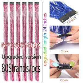 CelineBella Clip In Hair Tinsel Kit for Girls 24 Inch Hair Strands Rose Red Tinsel Hair Extensions Heat Resistant for Cosplay Party