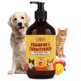 POM Pets 2-in-1 Organic Dog Shampoo & Conditioner – Itchy Skin Relief, Dog Deshedding, Detangles Fur, Cat Shampoo, Paw Cleaner for Dogs, Natural Coat Defense Formula