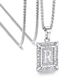 Bestyle Women's Men's Necklace with Copper Letters A-Z Initial Pendant, Width 2 mm Stainless Steel Square Pearl Necklace, Chain Length 50-55 cm, Gold | White, Stainless Steel