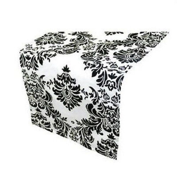 Lightweight Thin Damask White and Black Flock Table Runner 30