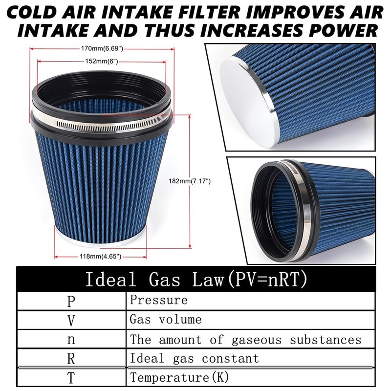 6" Inlet Cold Air Intake Filter Cone Replacement Performance Washable
