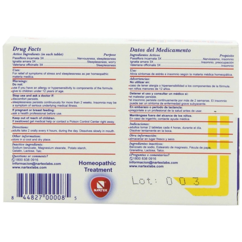 Nartex 60 Count Homeopathic Stress Relief Tablets for Sleep Nervousness