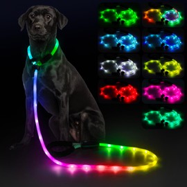 Light Up Dog Leash with Collar 2-in-1, 14 LED Modes Reflective Leash for Medium Large Dogs, USB Rechargeable Waterproof Adjustable Night Walking for Safety