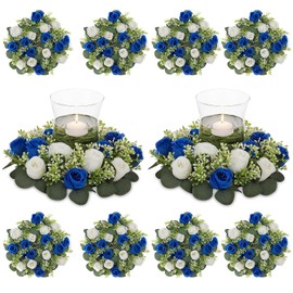 BLOSMON - Centros de mesa de flores de boda, 10 unidades de 14 pulgadas de diámetro, grandes, color azul real y blanco, anillos de vela artificiales para decoración de mesa, corona floral de primavera